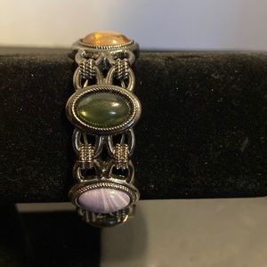 Multi colored faux stone link elastic stretch metal bracelet